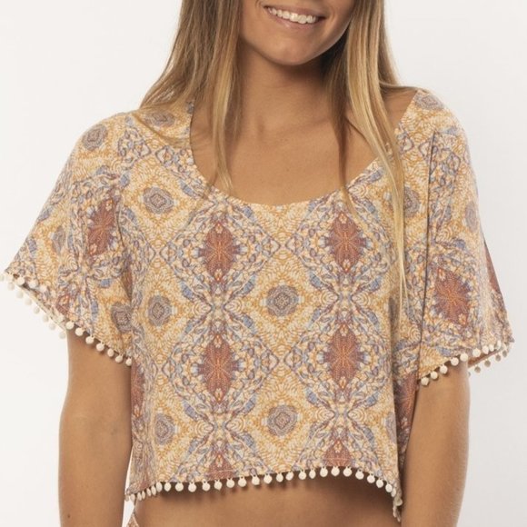 🔴3/$20 Sisstrevolution Yellow/Red Ikat Keaka Boho Crop Top Size M - Picture 1 of 10